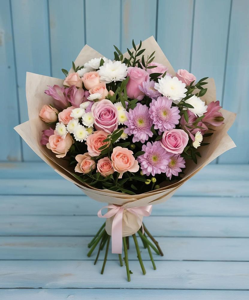Букет цветов из: Хризантемы, Розы и Альстромерии в Левошево