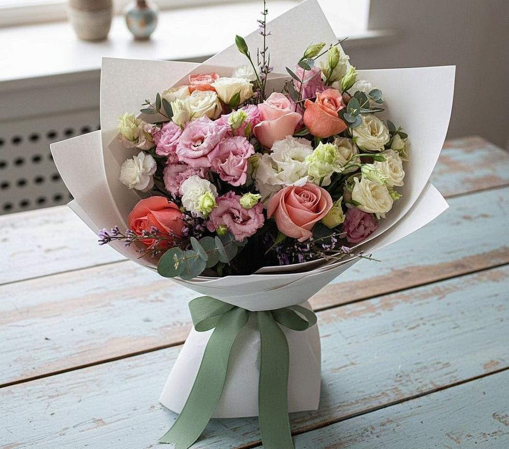 Букет цветов из: Розы, Лизиантусы и Гвоздики в Левошево