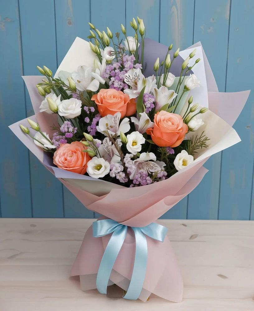 Букет цветов из: Лизиантусы, Розы, Альстромерии и Гипсофила в Левошево